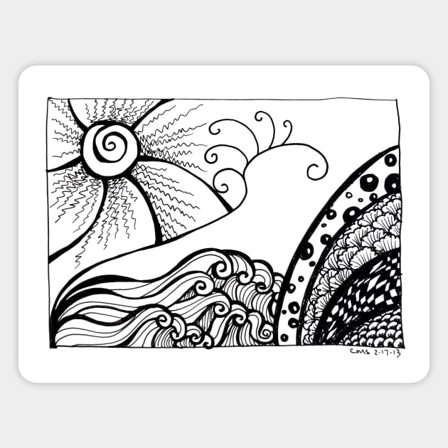 Ink drawing - Tangle Sun and Waves Magnet by LadyCaro1